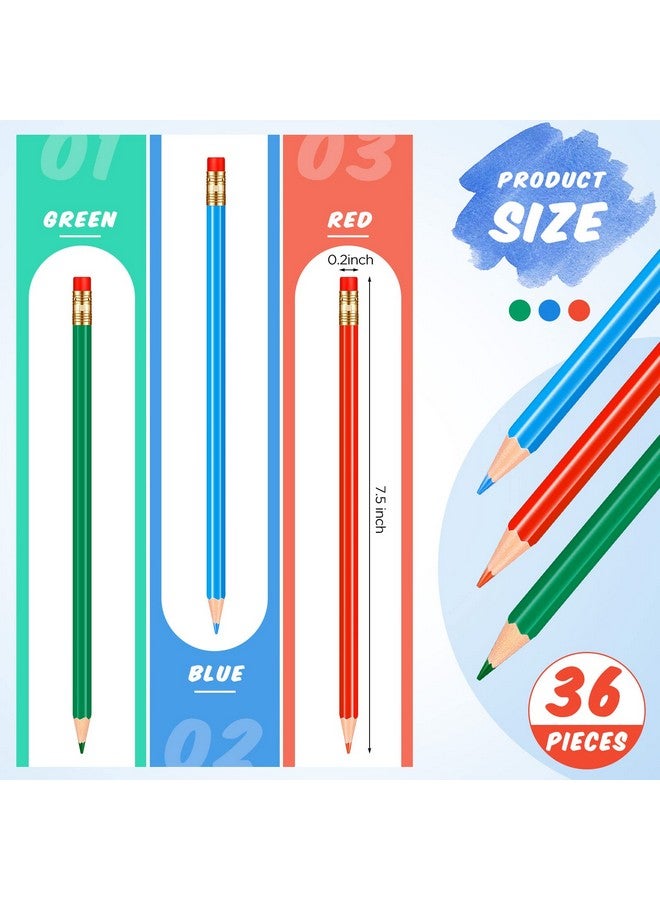 تشينكو 36 قطعة من أقلام الرصاص المبراة وأقلام الرصاص الزرقاء والخضراء والحمراء وأقلام الرصاص الملونة القابلة للمسح مع ممحاة وأقلام الرصاص الملونة للرسم وأقلام الرصاص التصحيحية 2 HB للتحقق من نتائج اختبار تلوين الخرائط، 12 قطعة لكل لون - Image 2