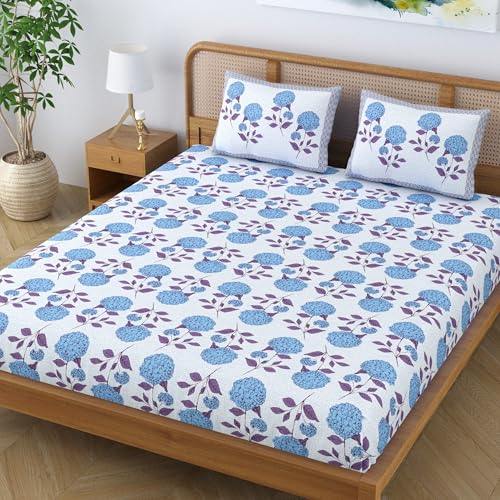 Colorish Cotton Blend King Size Double Bedsheet with 2 Pillow Covers | Jaipuri Floral Print - Deep Blue Delight - Image 3
