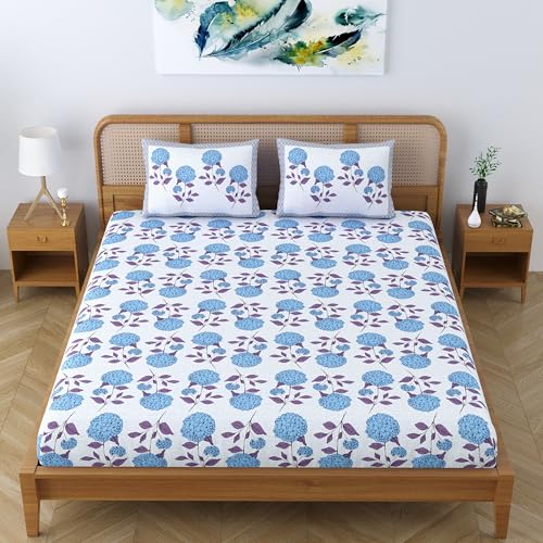 Colorish Cotton Blend King Size Double Bedsheet with 2 Pillow Covers | Jaipuri Floral Print - Deep Blue Delight - Image 5