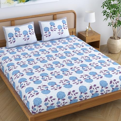 Colorish Cotton Blend King Size Double Bedsheet with 2 Pillow Covers | Jaipuri Floral Print - Deep Blue Delight - Image 1