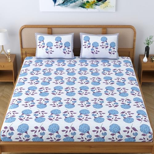 Colorish Cotton Blend King Size Double Bedsheet with 2 Pillow Covers | Jaipuri Floral Print - Deep Blue Delight - Image 2