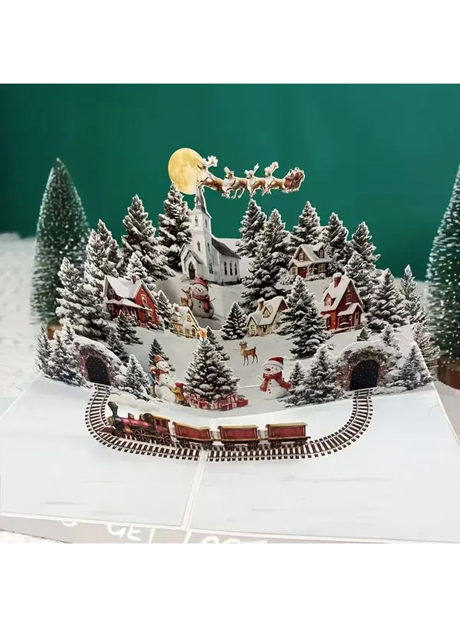 3D Pop Up Christmas Card With Santa Reindeer And Snowy Village Moving Train Falling Snowflakes Glowing Moon Holiday Greeting For Birthdays Xmas Winter Wonderland Scene 3D House Sleigh No Text Design Easy Assembly Festive Mechanism Celebrations Bulk Gifts Stocking Stuffers - Image 1
