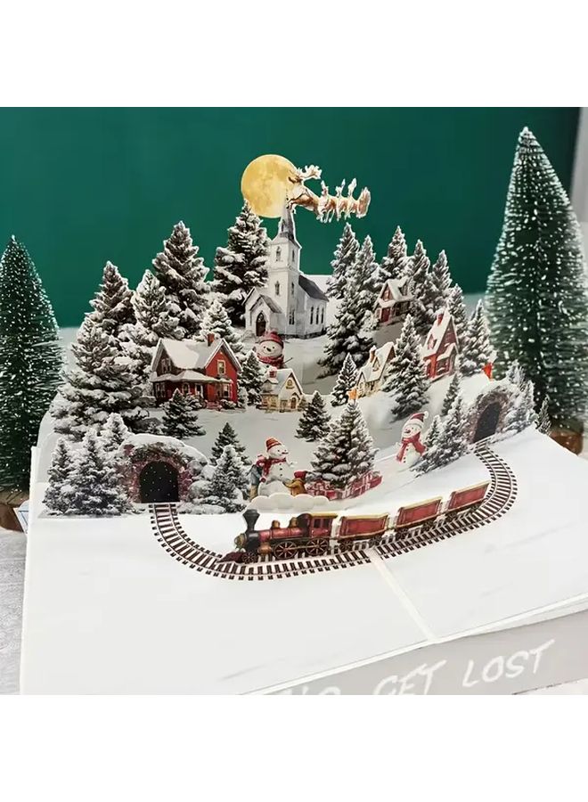 3D Pop Up Christmas Card With Santa Reindeer And Snowy Village Moving Train Falling Snowflakes Glowing Moon Holiday Greeting For Birthdays Xmas Winter Wonderland Scene 3D House Sleigh No Text Design Easy Assembly Festive Mechanism Celebrations Bulk Gifts Stocking Stuffers - Image 5