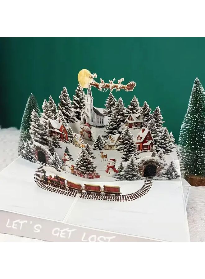3D Pop Up Christmas Card With Santa Reindeer And Snowy Village Moving Train Falling Snowflakes Glowing Moon Holiday Greeting For Birthdays Xmas Winter Wonderland Scene 3D House Sleigh No Text Design Easy Assembly Festive Mechanism Celebrations Bulk Gifts Stocking Stuffers - Image 3