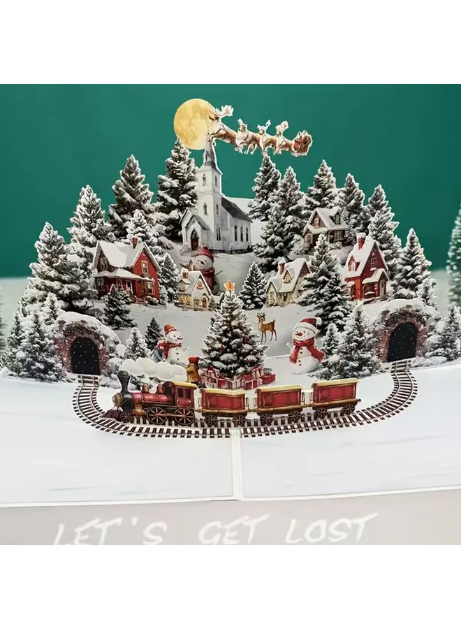 3D Pop Up Christmas Card With Santa Reindeer And Snowy Village Moving Train Falling Snowflakes Glowing Moon Holiday Greeting For Birthdays Xmas Winter Wonderland Scene 3D House Sleigh No Text Design Easy Assembly Festive Mechanism Celebrations Bulk Gifts Stocking Stuffers - Image 4