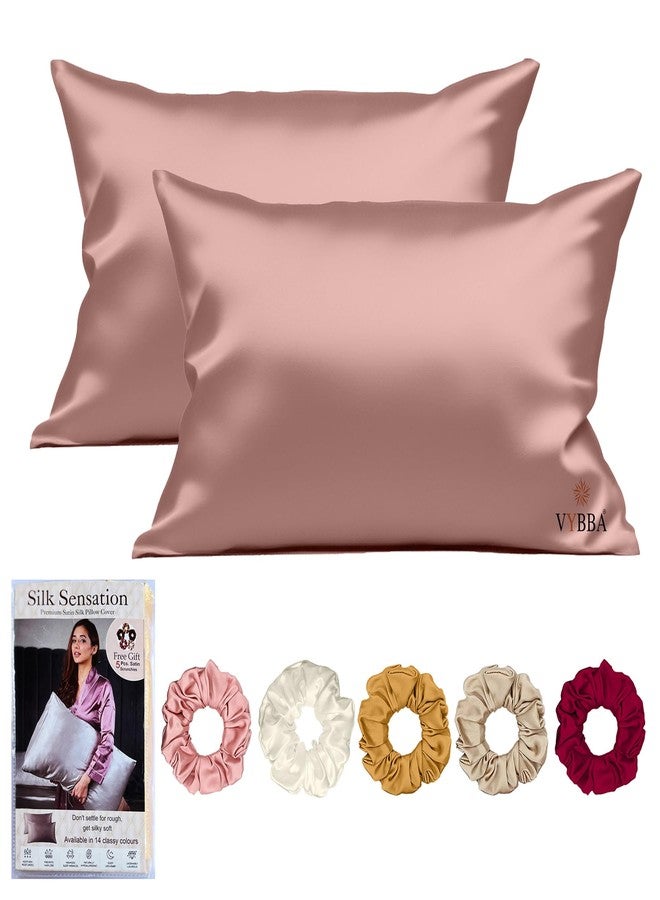 VYBBA Satin Silk Pillow Covers for Hair and Skin Set of 2 Piece with 5 Piece Satin Silk Scrunchies for Women Stylish | Satin Pillow Cover | Silk Pillow Cases 600 TC (Rustic Rosewood) - Image 1
