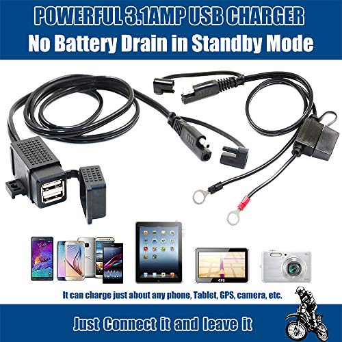 MOTOPOWER MP0609EA 3.1Amp Waterproof Motorcycle Dual USB Kit SAE to USB Adapter Cable with SAE Ring Terminal Cable Harness - Image 3