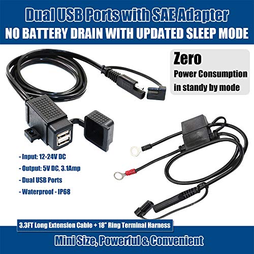 MOTOPOWER MP0609EA 3.1Amp Waterproof Motorcycle Dual USB Kit SAE to USB Adapter Cable with SAE Ring Terminal Cable Harness - Image 2