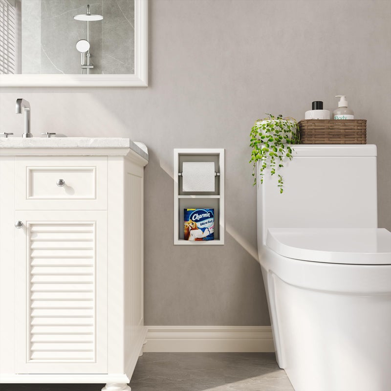 Qeke Recessed Toilet Paper Holder  304 Stainless Steel Bathroom Toilet Paper Holder with Storage  in Wall Tissue Toilet Roll Holder  Matte White - Image 1
