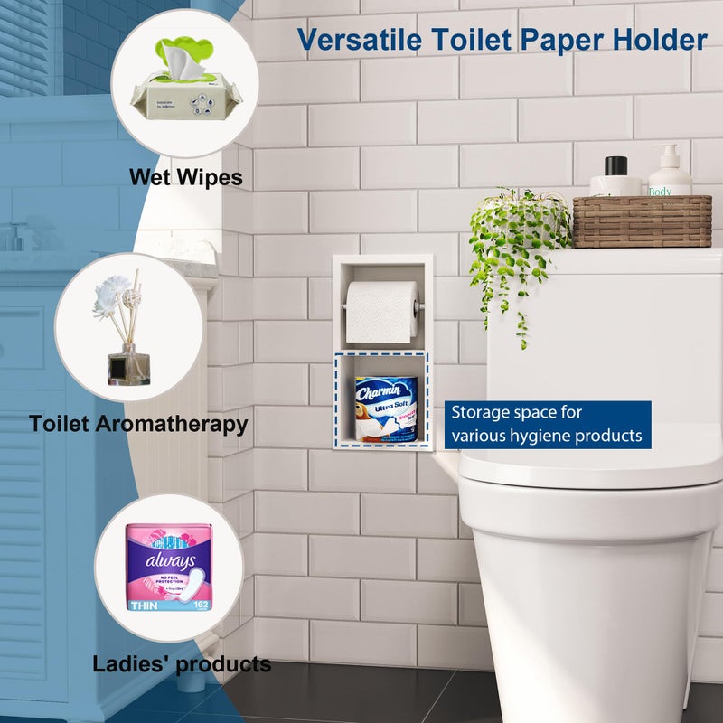 Qeke Recessed Toilet Paper Holder  304 Stainless Steel Bathroom Toilet Paper Holder with Storage  in Wall Tissue Toilet Roll Holder  Matte White - Image 2