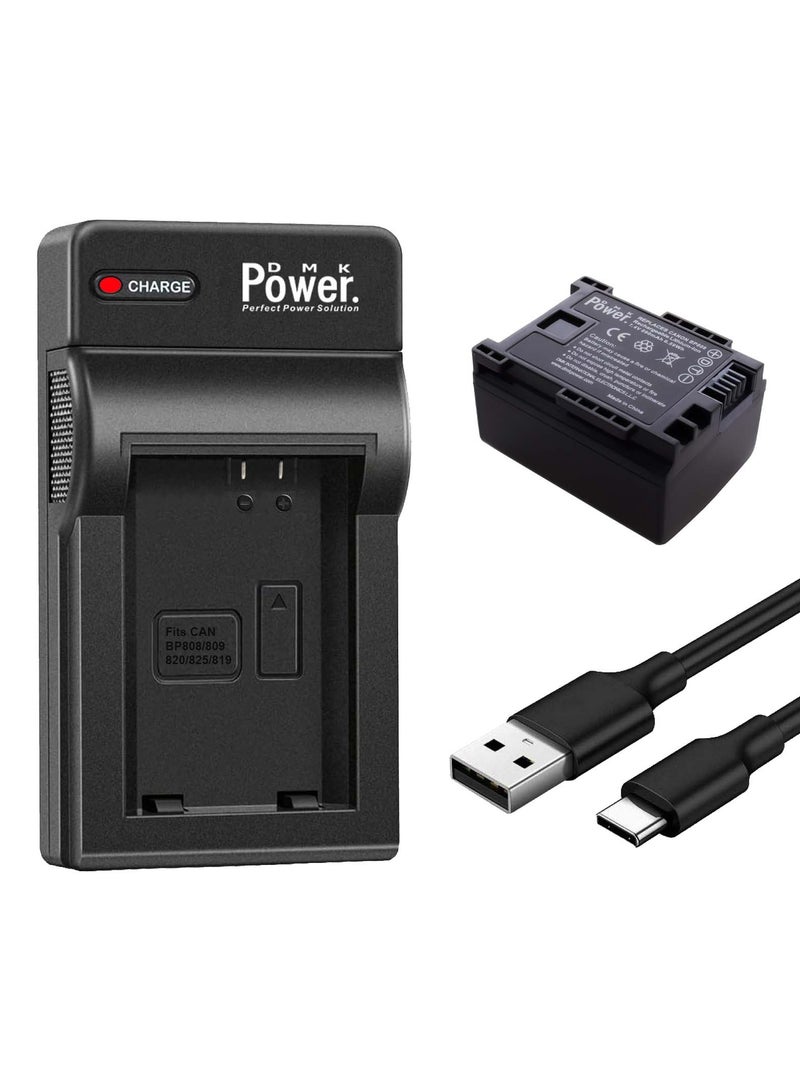 دي أم كيه باور DMK Power USB Type-C Charger with 1 Battery fit for Canon BP-808 BP-809 BP-820 BP-819 – Slim LED Charger + Li-ion Battery used for FS100, FS200, LEGRIA HF G10, HF G25, and More - Image 1