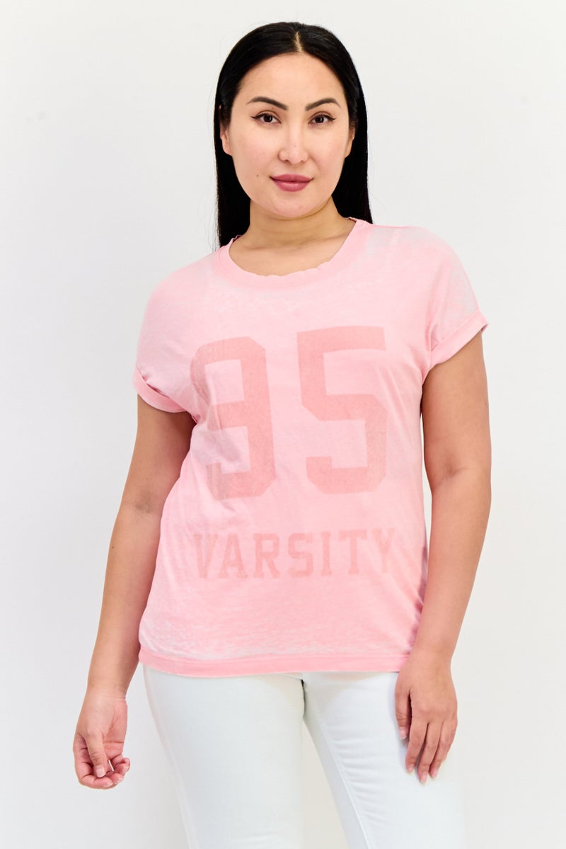 ONLY Women Crew Neck Cap Sleeves Graphic Print T-Shirt, Pink  - Image 1