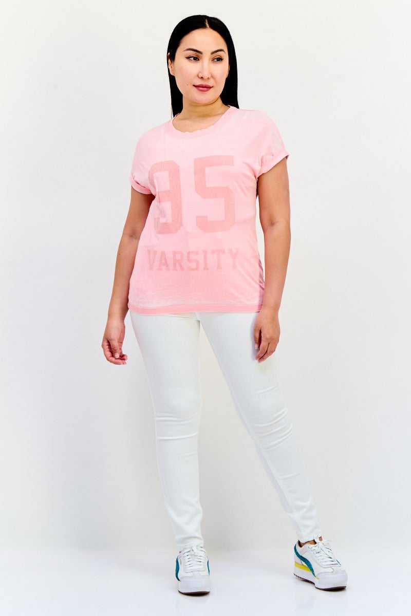 ONLY Women Crew Neck Cap Sleeves Graphic Print T-Shirt, Pink  - Image 4