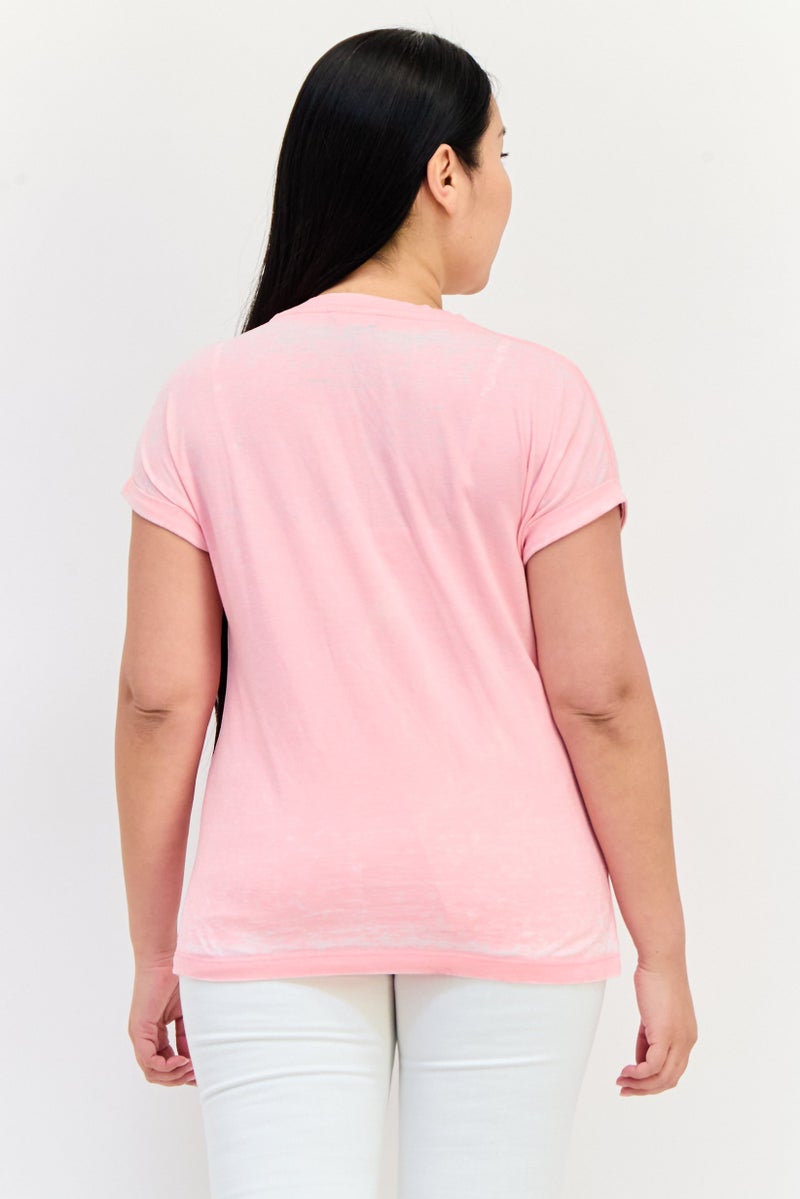 ONLY Women Crew Neck Cap Sleeves Graphic Print T-Shirt, Pink  - Image 3