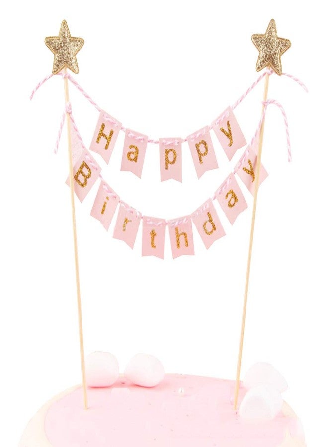 Happy Birthday Cake Topper Banner - Handmade Ivory Pennant Flag Banner Cake Topper with Wooden Polls - Perfect for cakes, donut cakes, cupcakes and more! (Pink)