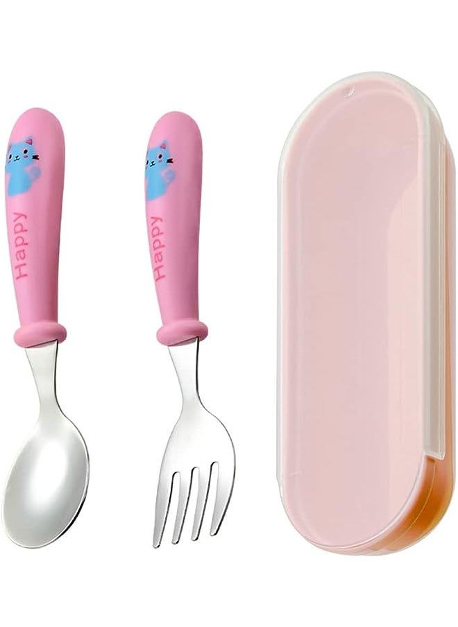 vesus Stainless Steel Spoon and Fork Kids Cutlery Set, Toddler Children's Cutlery Kids Cutlery Flatware, Spoons Forks Tableware Set - Pink Cat  - Image 1