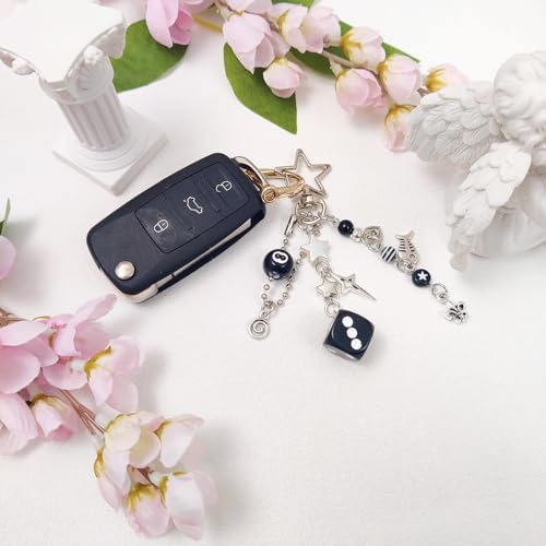 cioatu Y2K Aesthetic Keychains for Women Cute Flowers Star Cake Jellyfish Keychins Charms Kawaii Bag Purse Decor (White & Black) - Image 3