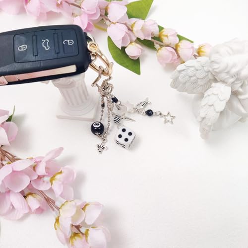 cioatu Y2K Aesthetic Keychains for Women Cute Flowers Star Cake Jellyfish Keychins Charms Kawaii Bag Purse Decor (White & Black) - Image 4