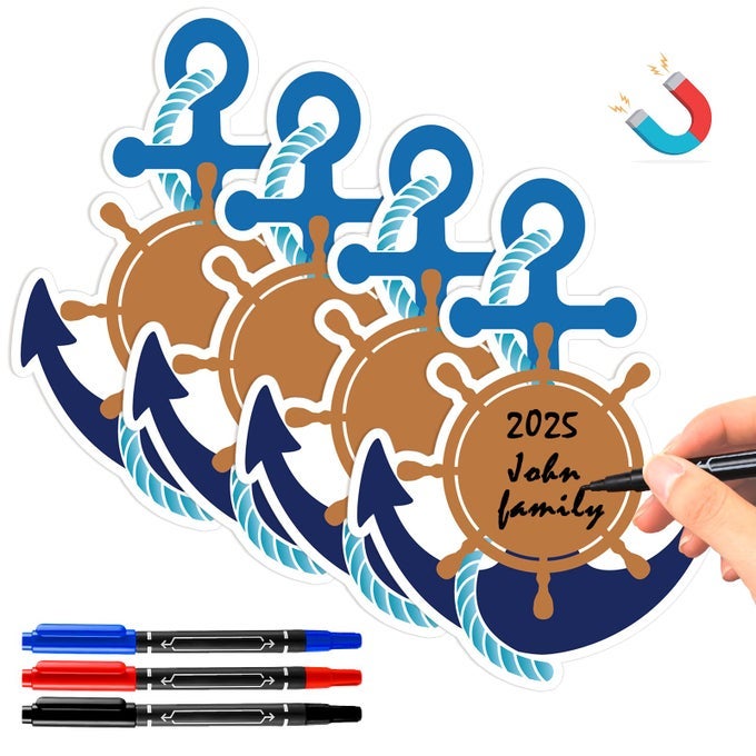 4 PCS CRUISE SHIP DOOR DECORATIONS SET ANCHOR MAGNETS WITH PAINT PENS FAMILY CRUISE CREW CABIN DOOR DECORATIONS MAGNETIC STICKER NAUTICAL SHIP WHEEL CAR MAGNET FOR CARNIVAL REFRIGERATOR DECOR