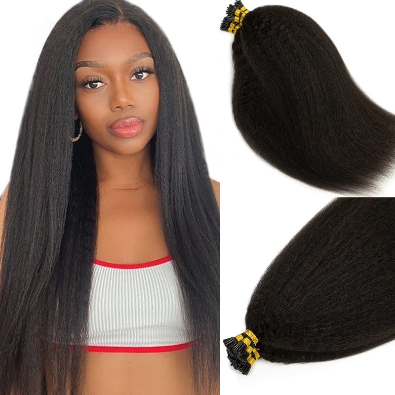 Caliee Itip Human Hair Extensions Kinky Straight 22 Inch Natural Black Hair Extensions Color 1B Keratin Hair Extensions Real Human Hair Kinky I Tips Curly Hair Extensions Cold Fusion 50g 50 Strands