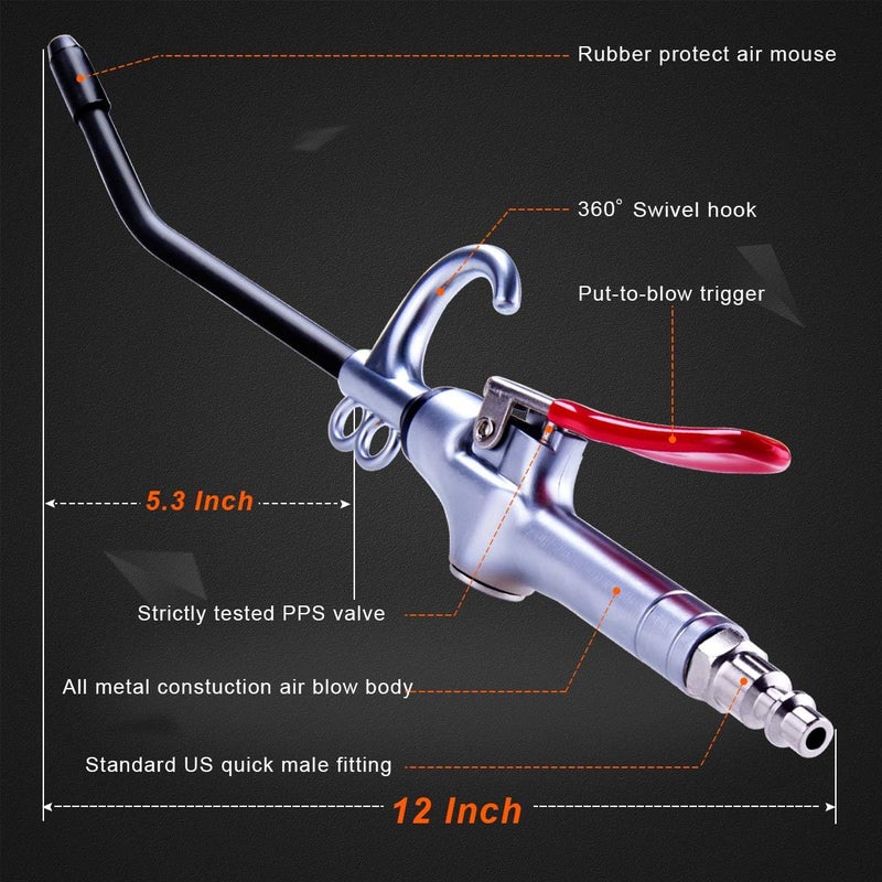 JASTIND High Volume Air Blow Gun Alluminum Rubber Guard Air Flow Nozzle,Industrial Household Air Blower Gun,Pneumatic Air Compressor Accessories Dust Cleaning Tool - Image 2