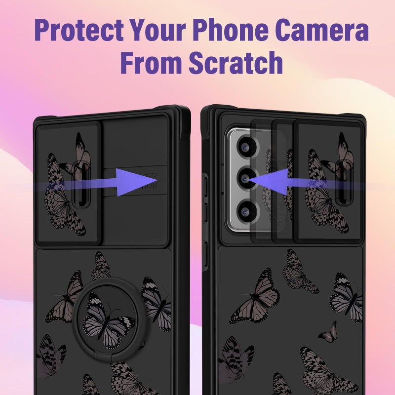 Funermei (2in1 for Samsung Galaxy Note 20 Ultra Case for Women Butterfly Cute Girls Phone Cover Girly Pretty Black Butterfly Design with Camera Cover+Ring Stand Funda for Galaxy Note 20 Ultra Case 5G - Image 4