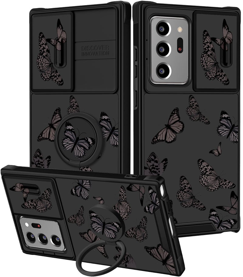 Funermei (2in1 for Samsung Galaxy Note 20 Ultra Case for Women Butterfly Cute Girls Phone Cover Girly Pretty Black Butterfly Design with Camera Cover+Ring Stand Funda for Galaxy Note 20 Ultra Case 5G - Image 1