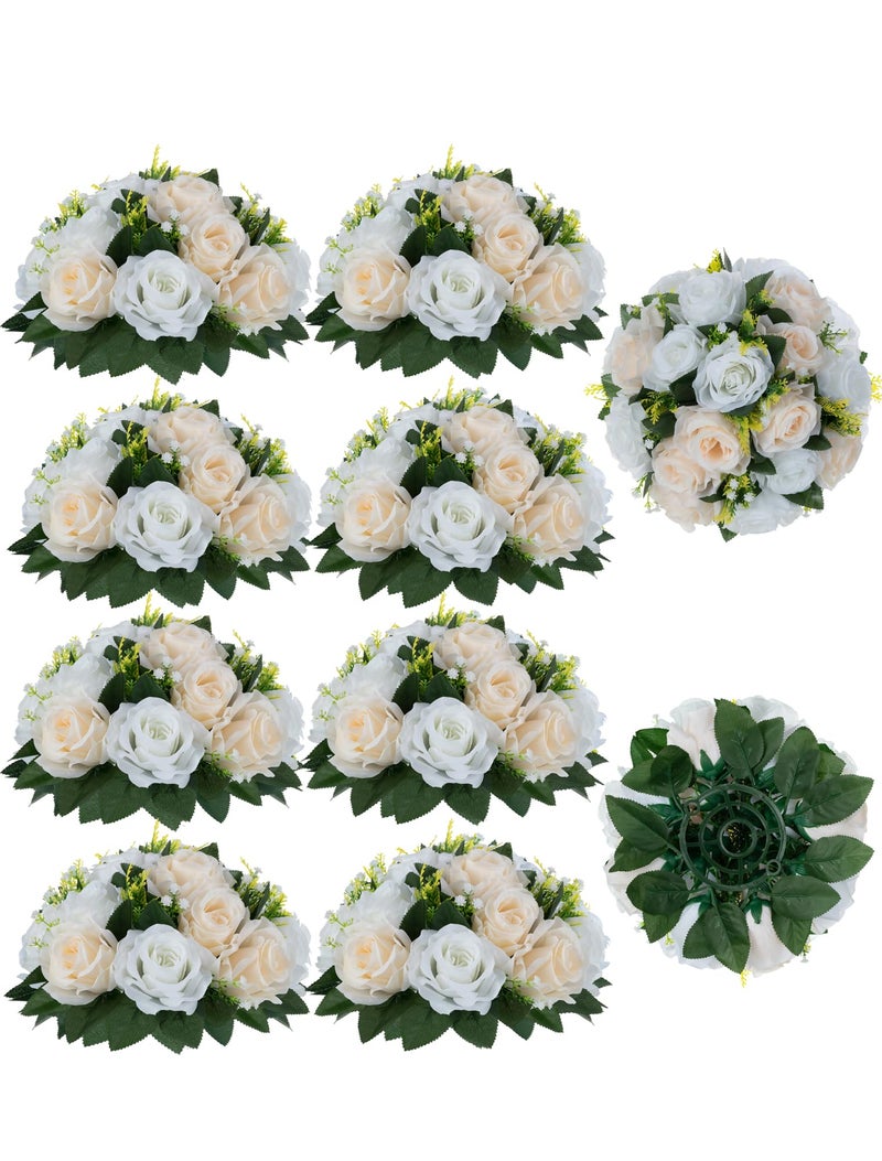 BLOSMON Flower Balls Wedding Rose Centerpieces: 10 Pcs Fake Flowers with Base Kissing Balls Decor Champagne &White Artificial Floral Arrangements Flower Bouquet of Roses Home Party Table DIY Decorationss - Image 1