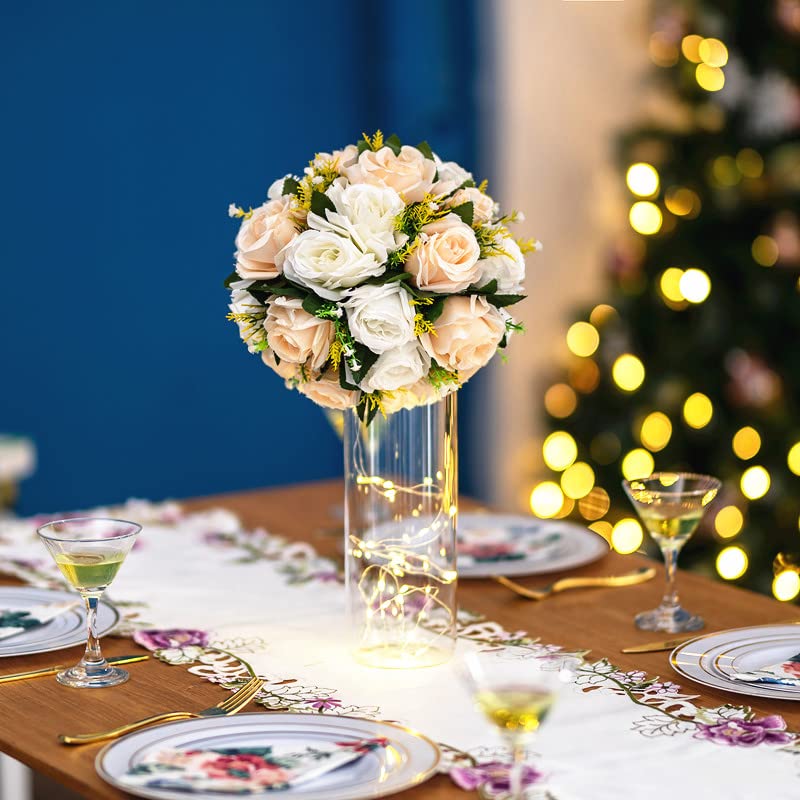 BLOSMON Flower Balls Wedding Rose Centerpieces: 10 Pcs Fake Flowers with Base Kissing Balls Decor Champagne &White Artificial Floral Arrangements Flower Bouquet of Roses Home Party Table DIY Decorationss - Image 3