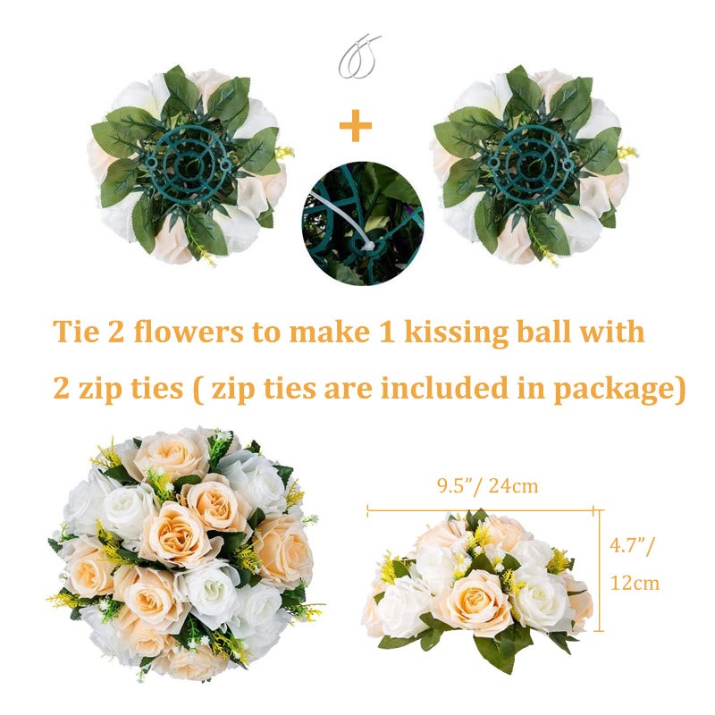 BLOSMON Flower Balls Wedding Rose Centerpieces: 10 Pcs Fake Flowers with Base Kissing Balls Decor Champagne &White Artificial Floral Arrangements Flower Bouquet of Roses Home Party Table DIY Decorationss - Image 4