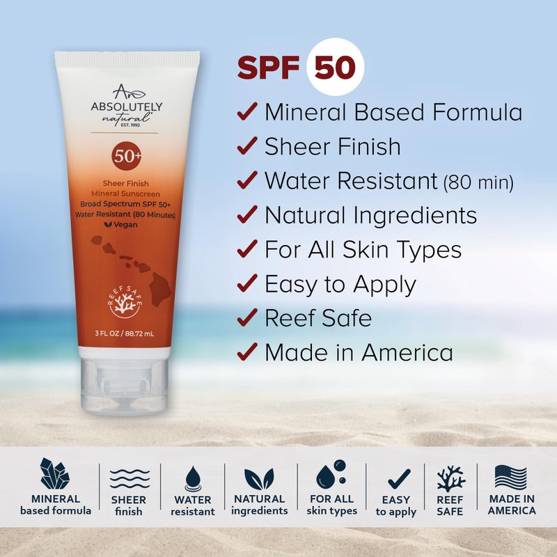 Absolutely Natural لوشن واقي من الشمس معدني SPF 50+ طبيعي تمامًا - واقي شمس مضاد للشيخوخة للجسم والوجه، مصنوع من ثمر الورد، الألوة، أكسيد الزنك ومكونات أخرى خالية من القسوة وآمنة للشعاب المرجانية - صنع في الولايات المتحدة الأمريكية - Image 2