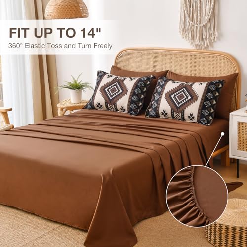 Menghomeus Queen Size Dark Brown Comforter Set, 7 Pieces Boho Aztec Bed in a Bag, All-Season Bedding Set with Sheets & Pillow Shams, Bohemian Geometric Striped Pattern - Image 5