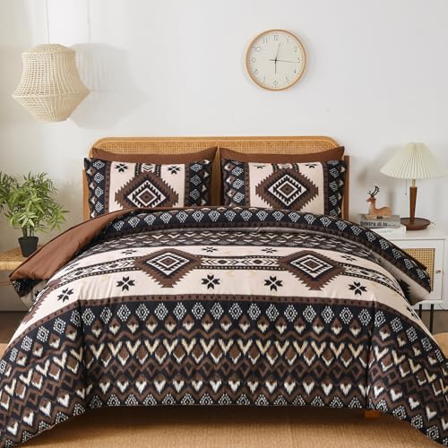 Menghomeus Queen Size Dark Brown Comforter Set, 7 Pieces Boho Aztec Bed in a Bag, All-Season Bedding Set with Sheets & Pillow Shams, Bohemian Geometric Striped Pattern - Image 1