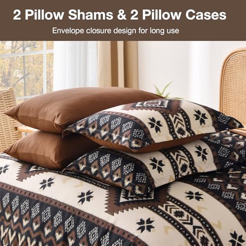 Menghomeus Queen Size Dark Brown Comforter Set, 7 Pieces Boho Aztec Bed in a Bag, All-Season Bedding Set with Sheets & Pillow Shams, Bohemian Geometric Striped Pattern - Image 4