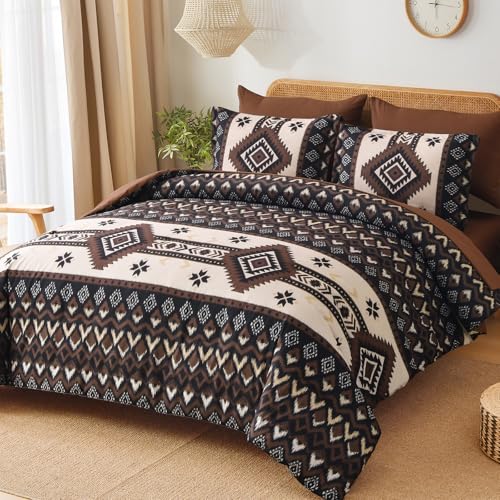 Menghomeus Queen Size Dark Brown Comforter Set, 7 Pieces Boho Aztec Bed in a Bag, All-Season Bedding Set with Sheets & Pillow Shams, Bohemian Geometric Striped Pattern - Image 2