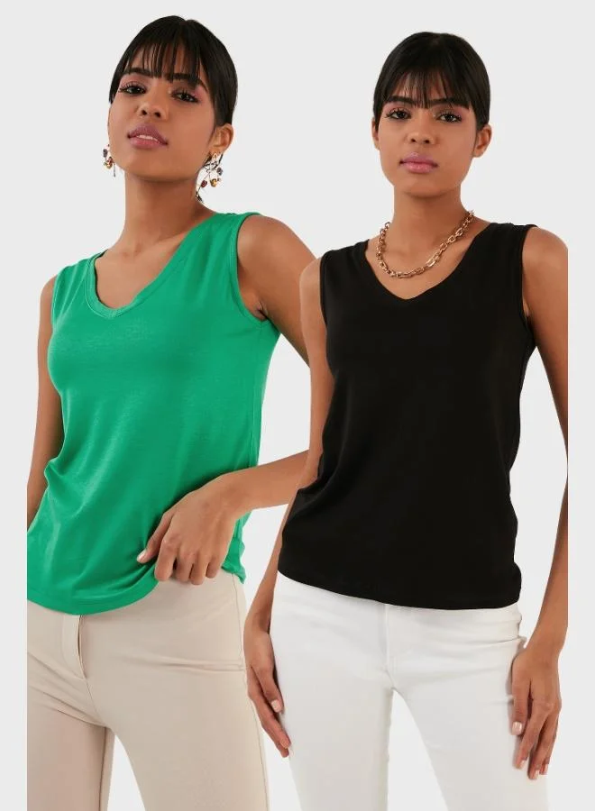 ليلا Lela Slim Fit V-Neck Thick Strap 2-Pack Blouse Women's Blouse 5864384S2