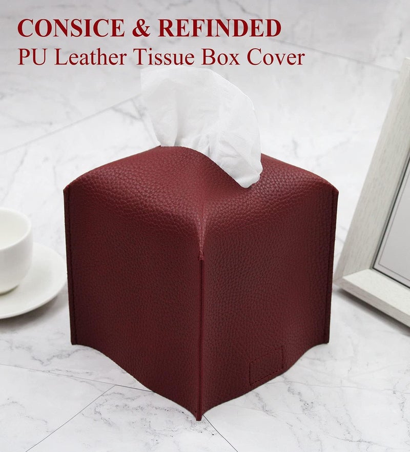 Livelab Tissue Box Cover Holder, Square Modern Decoration PU Leather Facial Tissues Case Roll Paper Dispenser for Bathroom Vanity Countertop, Night Stands, Office Desk Car 5X5X5'' | Wine Red - Image 4