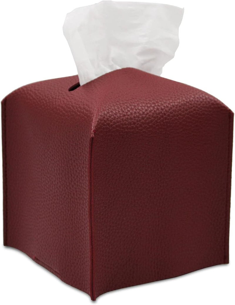 Livelab Tissue Box Cover Holder, Square Modern Decoration PU Leather Facial Tissues Case Roll Paper Dispenser for Bathroom Vanity Countertop, Night Stands, Office Desk Car 5X5X5'' | Wine Red - Image 1
