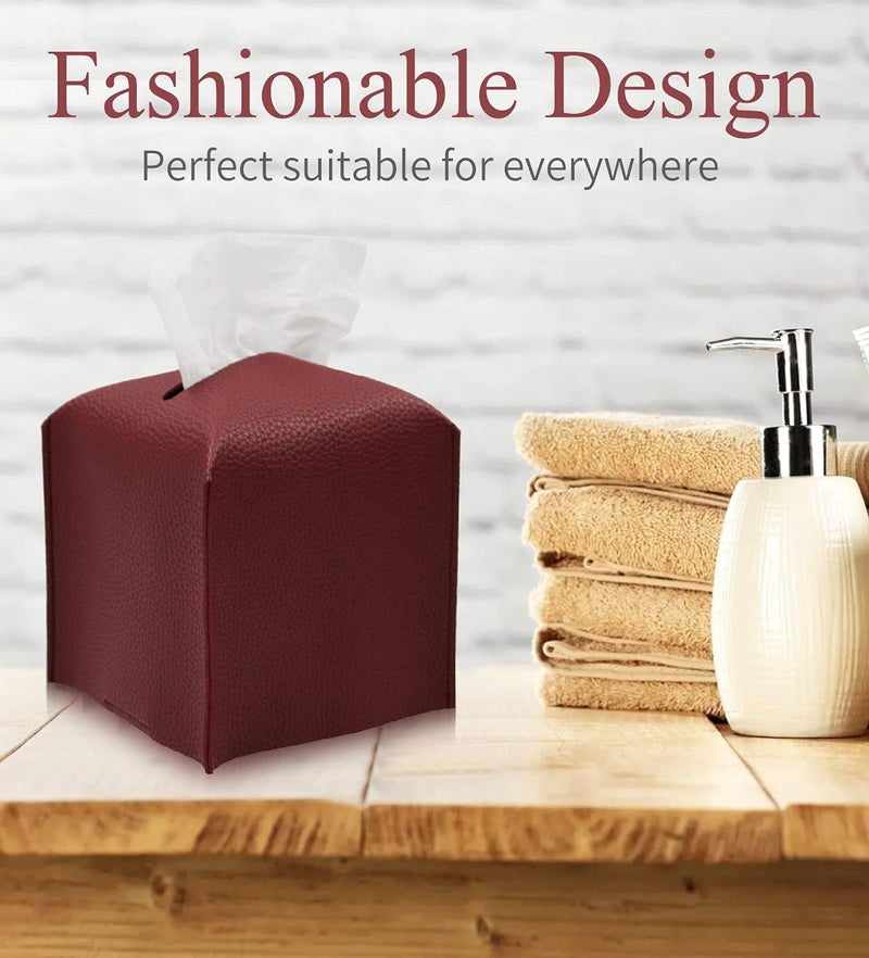 Livelab Tissue Box Cover Holder, Square Modern Decoration PU Leather Facial Tissues Case Roll Paper Dispenser for Bathroom Vanity Countertop, Night Stands, Office Desk Car 5X5X5'' | Wine Red - Image 2