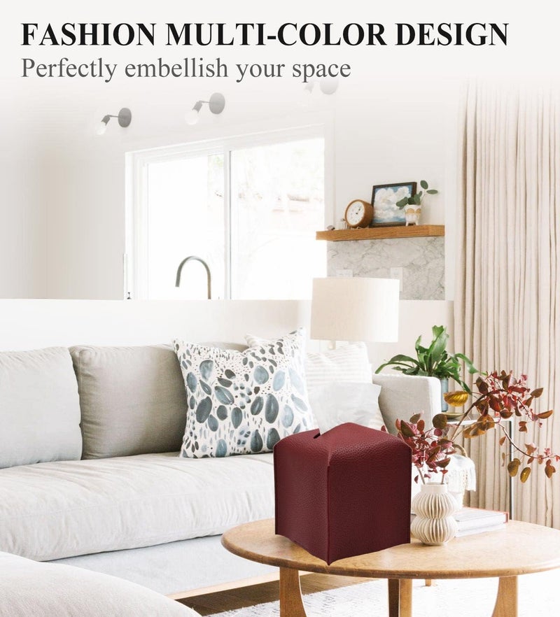 Livelab Tissue Box Cover Holder, Square Modern Decoration PU Leather Facial Tissues Case Roll Paper Dispenser for Bathroom Vanity Countertop, Night Stands, Office Desk Car 5X5X5'' | Wine Red - Image 3