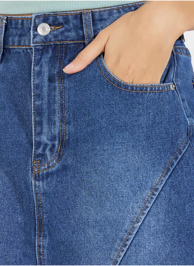 Styli Solid Denim Midi Skirt with High Slit & Button Detail
