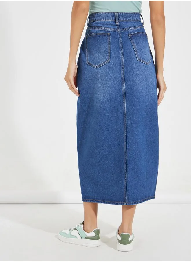 Styli Solid Denim Midi Skirt with High Slit & Button Detail