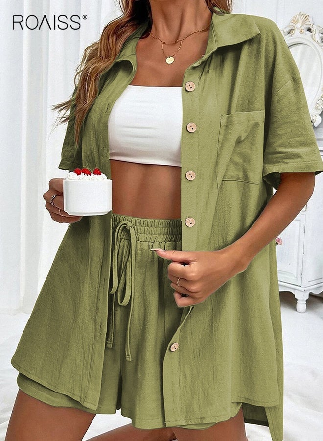 رويس طقم شورت صيفي نسائي مكون من قطعتين، شورت علوي، ملابس للاسترخاء على الشاطئ، طقم مكون من قطعتين، بدلات رياضية، قميص بلون سادة، بدلة كاجوال فضفاضة بأكمام قصيرة، أخضر - Image 1