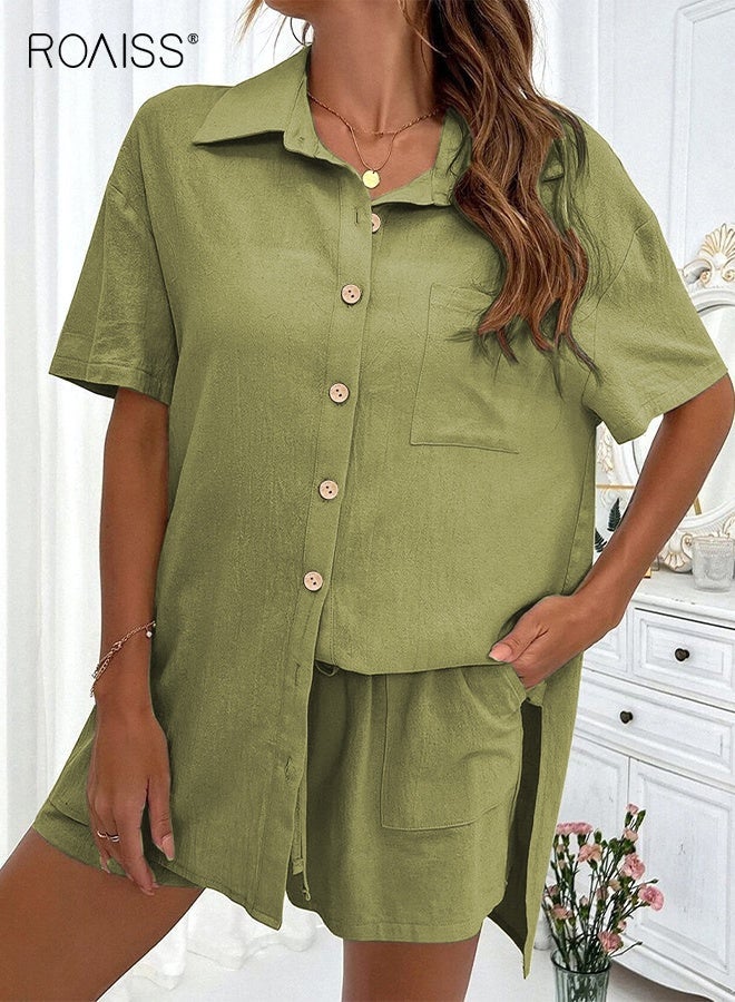 رويس طقم شورت صيفي نسائي مكون من قطعتين، شورت علوي، ملابس للاسترخاء على الشاطئ، طقم مكون من قطعتين، بدلات رياضية، قميص بلون سادة، بدلة كاجوال فضفاضة بأكمام قصيرة، أخضر - Image 4