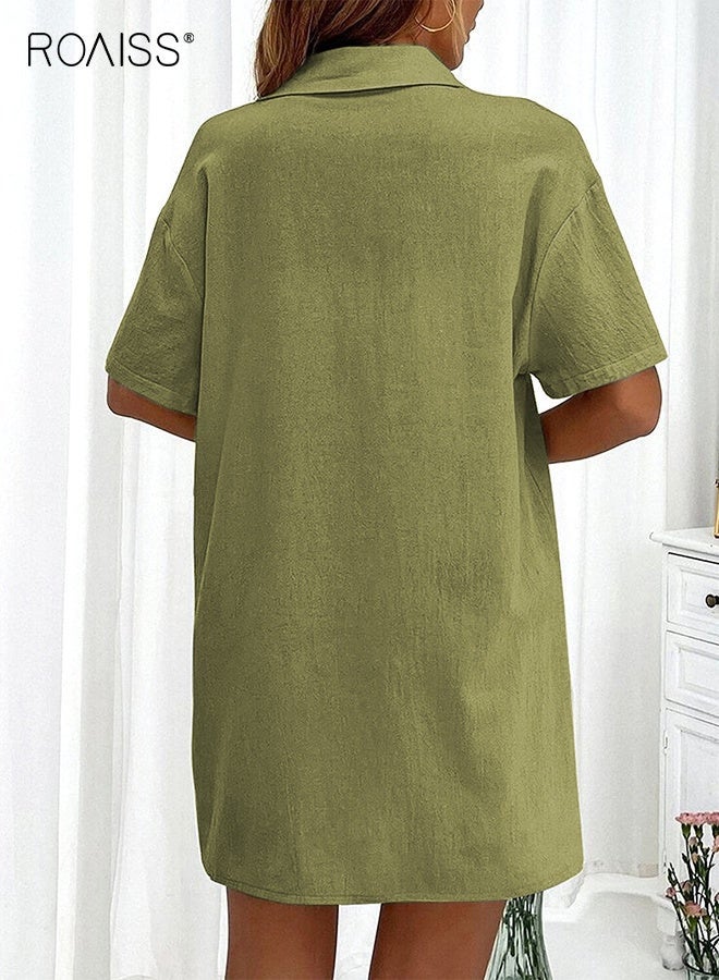 رويس طقم شورت صيفي نسائي مكون من قطعتين، شورت علوي، ملابس للاسترخاء على الشاطئ، طقم مكون من قطعتين، بدلات رياضية، قميص بلون سادة، بدلة كاجوال فضفاضة بأكمام قصيرة، أخضر - Image 5