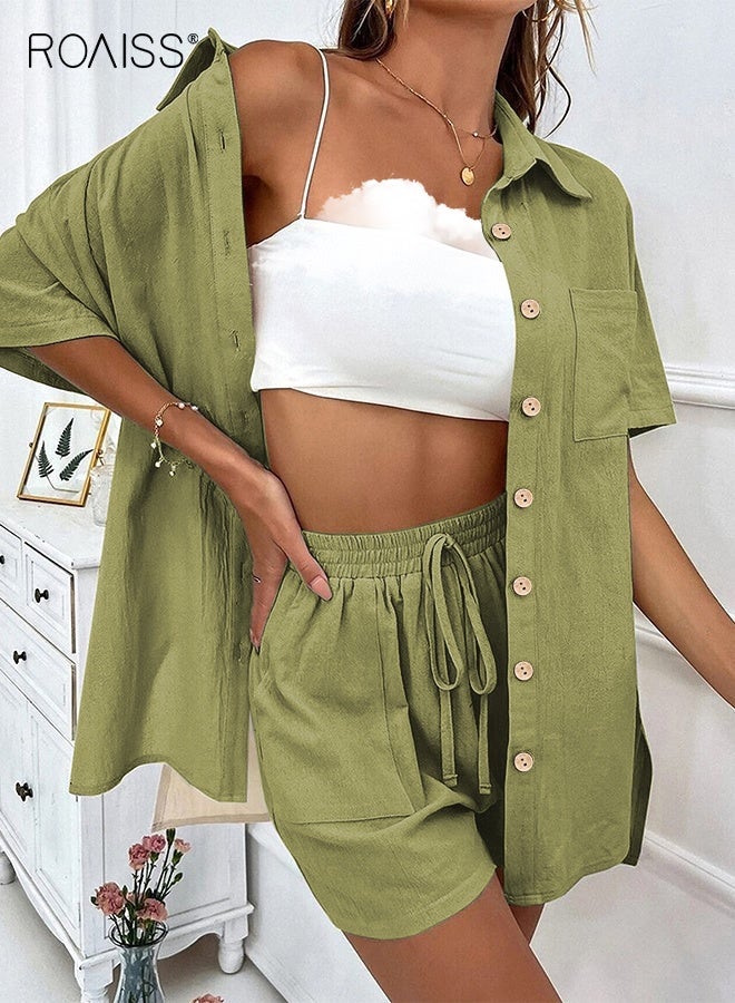 رويس طقم شورت صيفي نسائي مكون من قطعتين، شورت علوي، ملابس للاسترخاء على الشاطئ، طقم مكون من قطعتين، بدلات رياضية، قميص بلون سادة، بدلة كاجوال فضفاضة بأكمام قصيرة، أخضر - Image 3