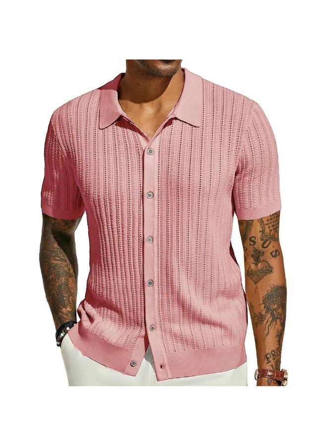 NIBEMINENT Summer Short Sleeve Men's Polo Shirts Fashion Solid Striped Loose Cardigan Turn Down Collar Shirt Male Casual Knitted Polos Top - Image 1