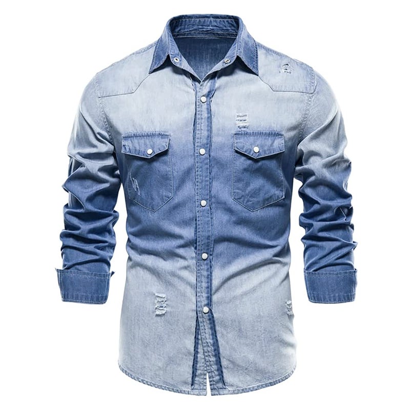 LONGBIDA Mens Denim Shirt Button Down Long Sleeve Casual Slim Fit Shirts(Light Blue,M) - Image 1