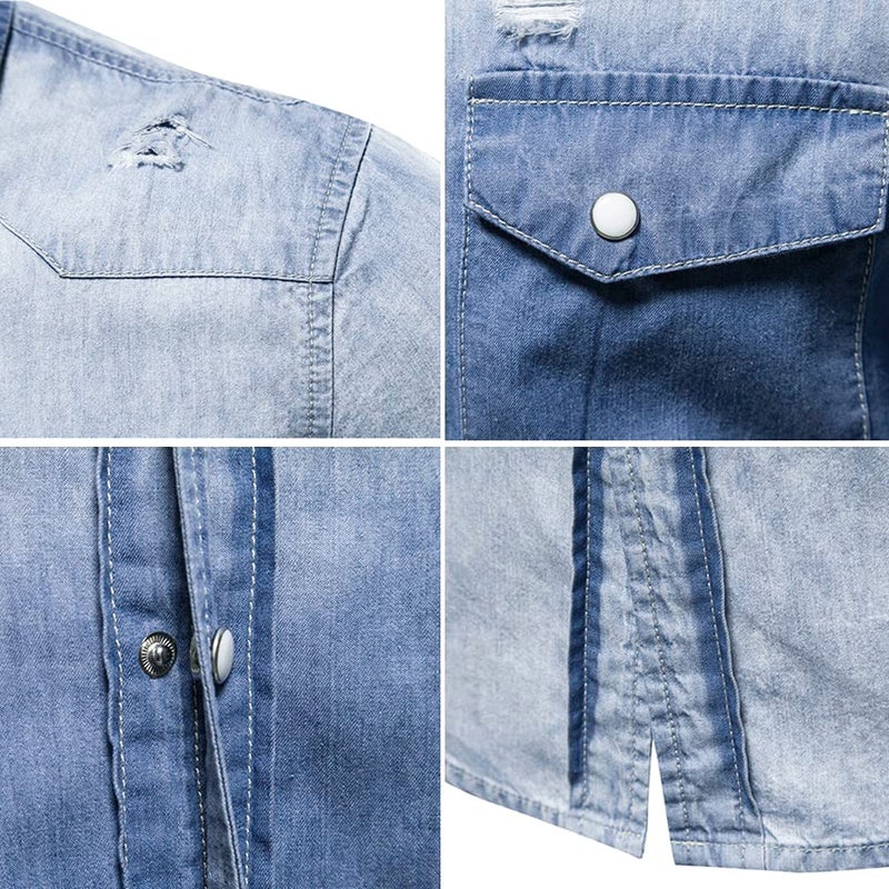 LONGBIDA Mens Denim Shirt Button Down Long Sleeve Casual Slim Fit Shirts(Light Blue,M) - Image 3