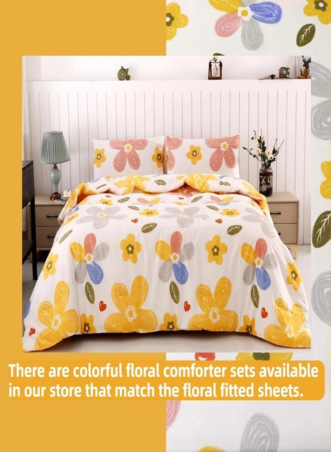 SDIII 3PCS Yellow Floral Fitted Sheet Set Full, 1 Fitted Sheet and 2 Pillowcase, Excluding Flat Sheet, Soft Microfiber Yellow Floral Full Sheet Set - Image 5